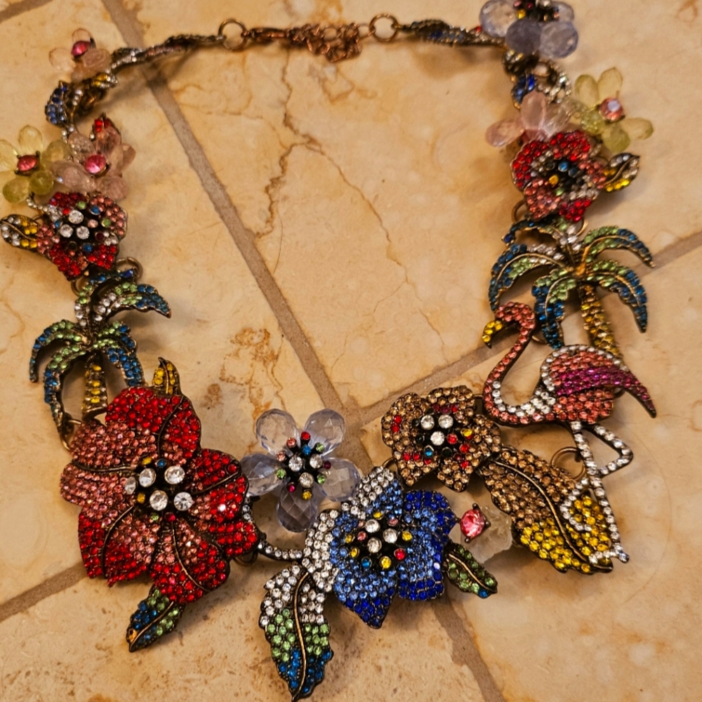 Floral and Flamingo Rhinestone Tiki Necklace